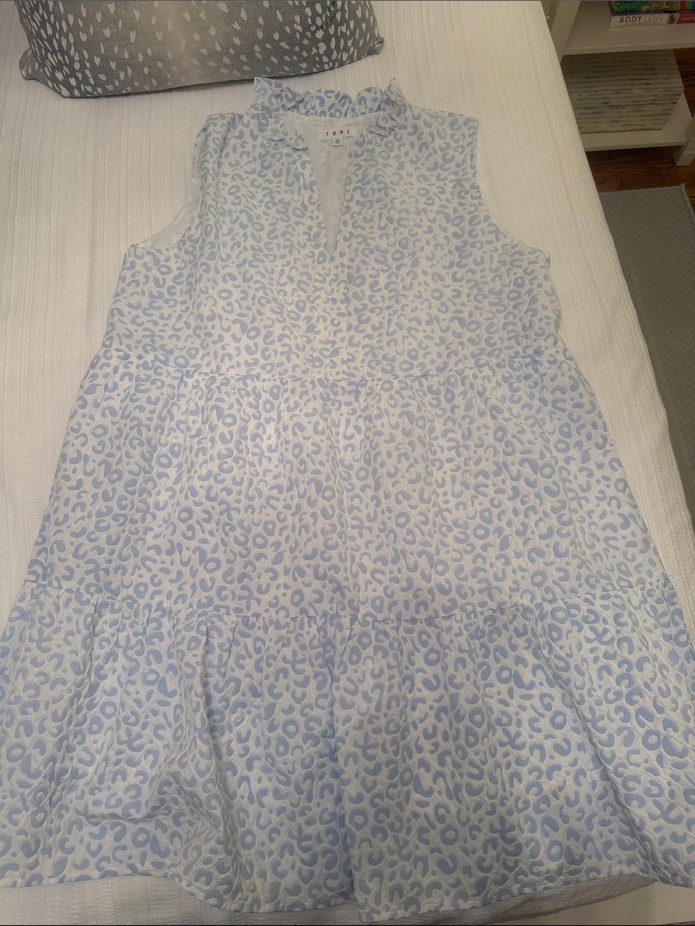 THML Light Blue and White Sleeveless Tiered Dress